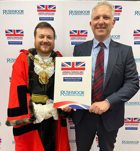 The Mayor of Rushmoor and Steve Wadey, Group Chief Executive Officer of QinetiQ